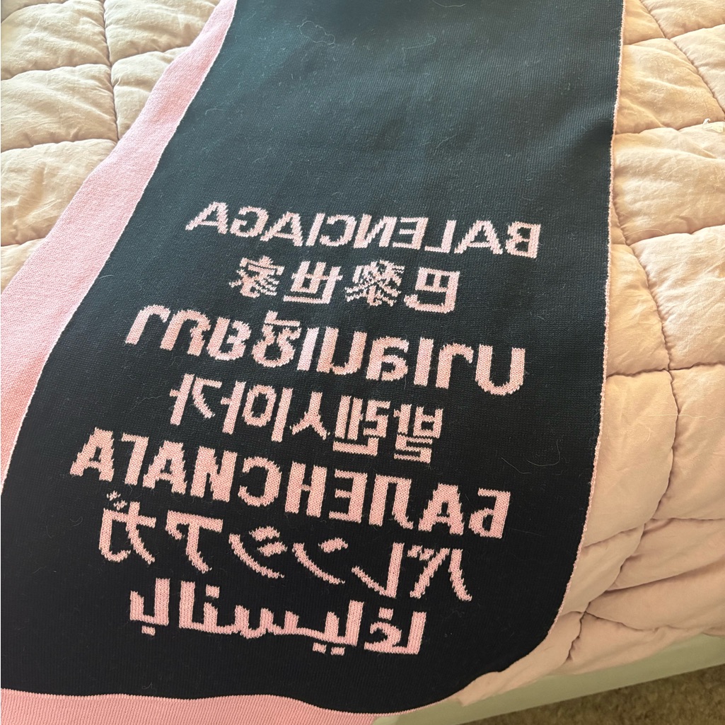 Authentic New Never Worn Balenciaga Multilingual Pink And Black Knit Shawl